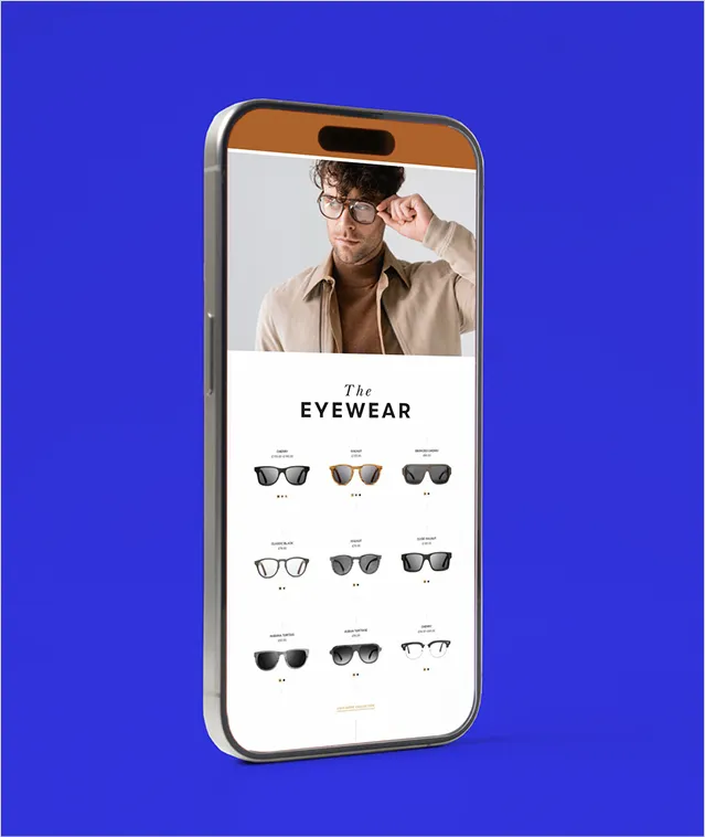 GoHub eyewear storefront displayed on a mobile phone showing product catalog